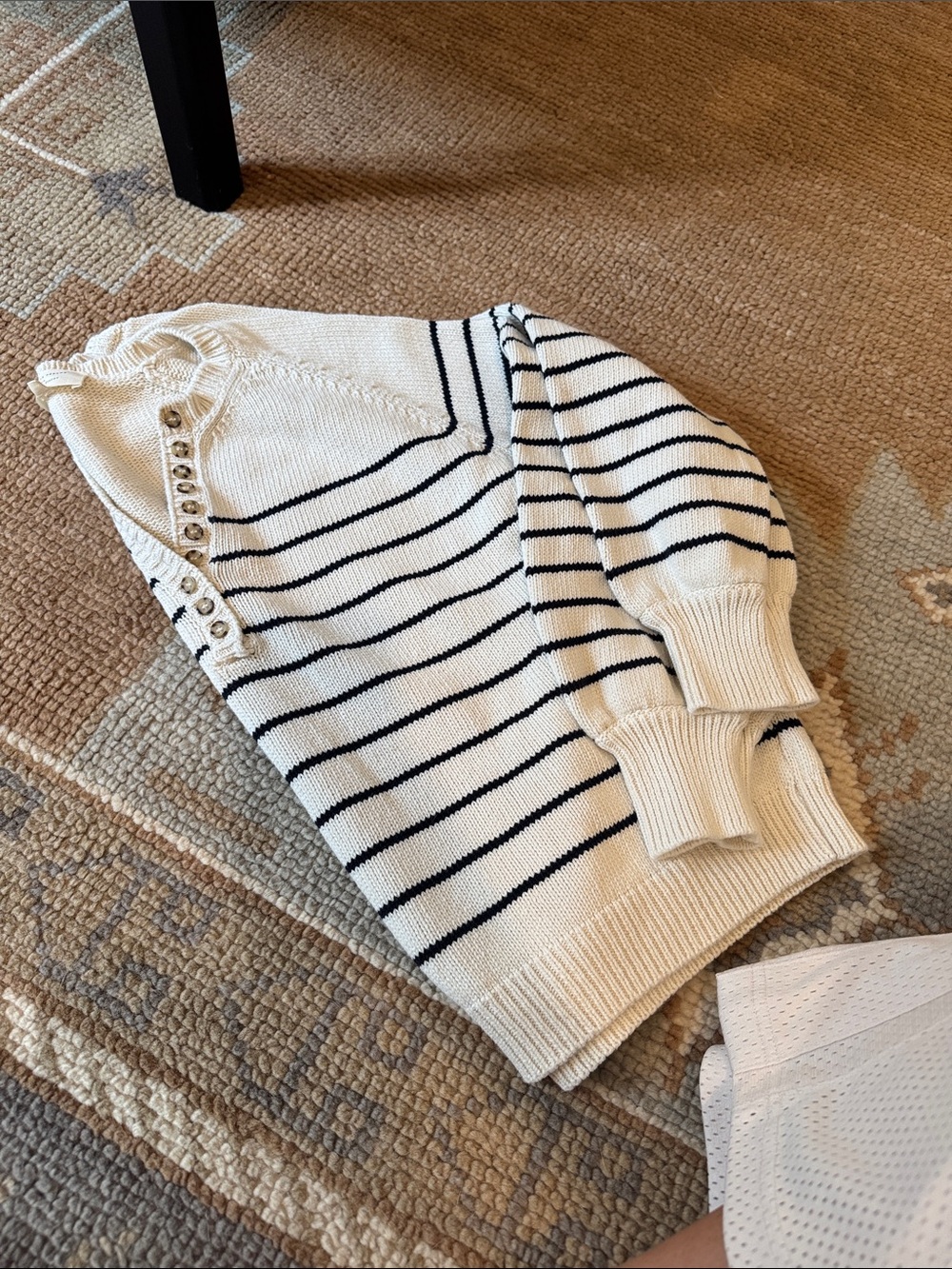 Sezane Cream and Black Striped Crew Sweater with Shoulder Buttons